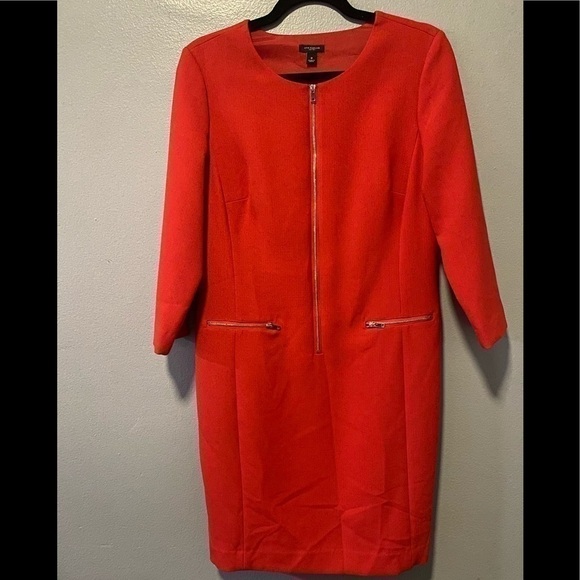 Ann Taylor 3/4” Sleeve Zip Front Knit Shift Red Dress - Picture 2 of 6